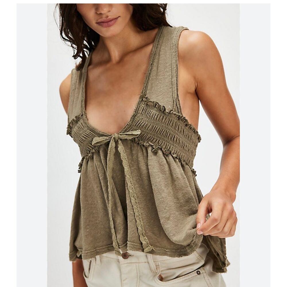 Free People Linen Blend Sage Green Ramona Top L Smocked Babydoll Boho Y2K Bow